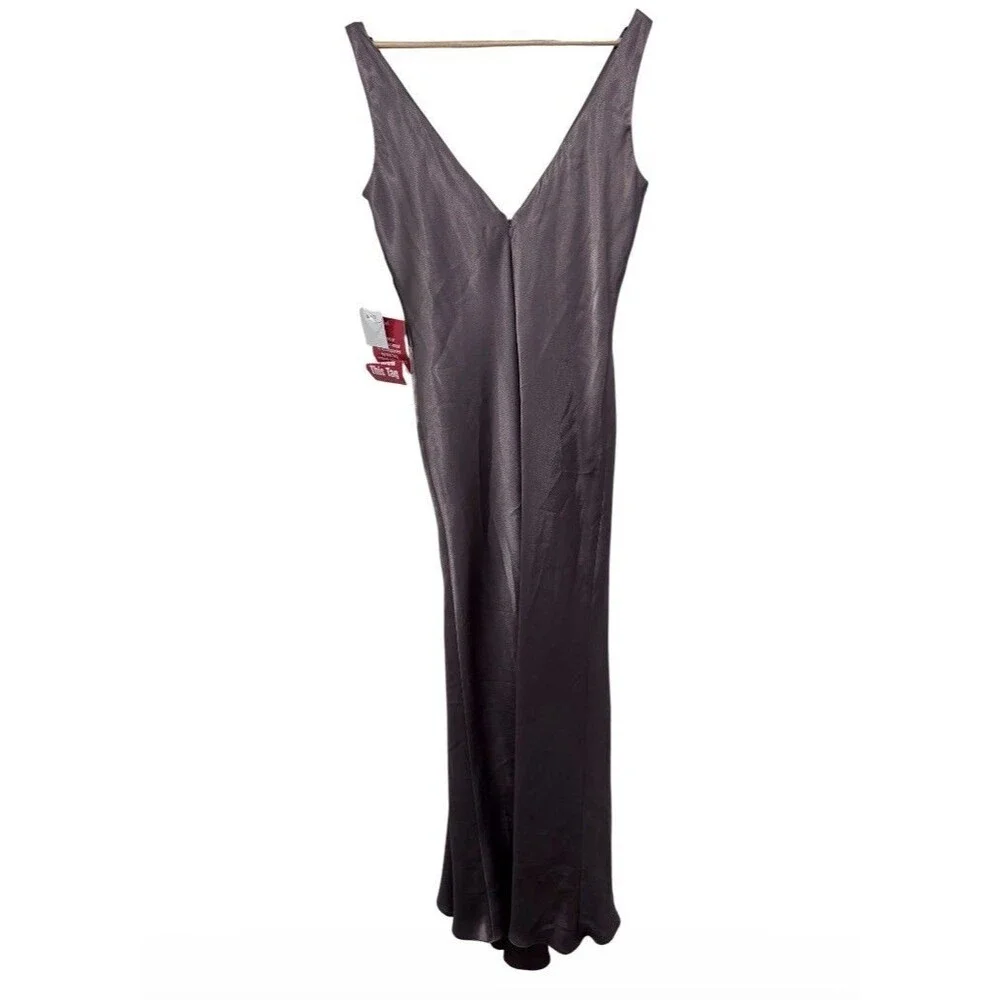 Night Way Womens Satin Maxi Gown Dress NWT Charcoal Grey V-Neck Size 12